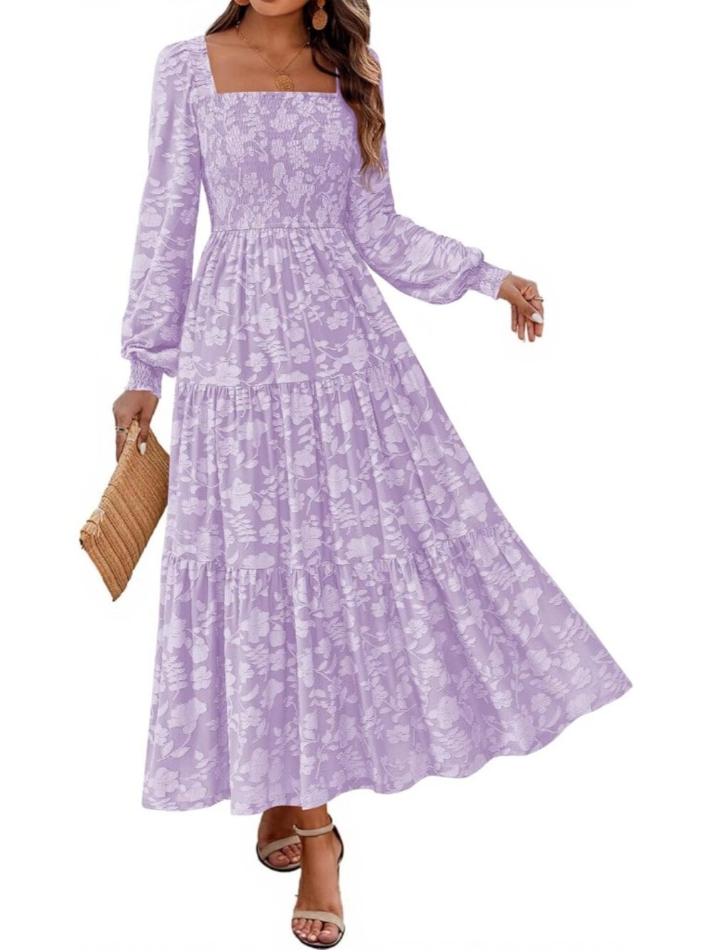 Women's Purple Long Sleeve Square Neck High Waist With Pockets Maxi Dress